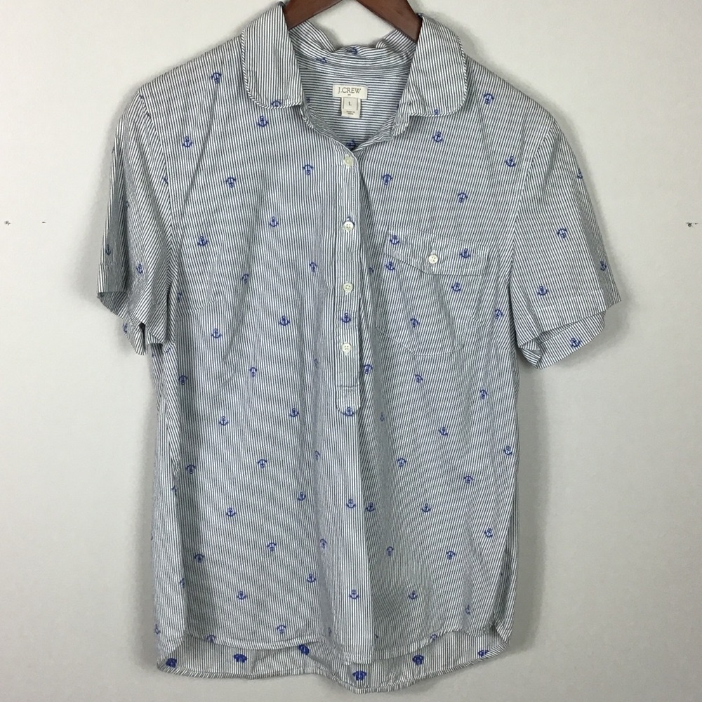 J.crew jcrew Navy blue & white stripe anchor print popover top shirt size Large